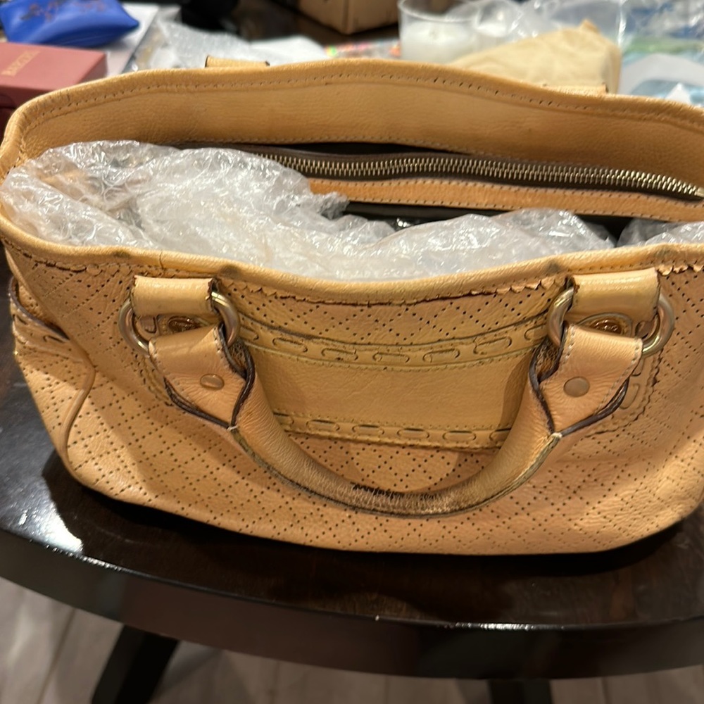 Vintage Celine leather tote with Diamond tooled pattern. 15x6x6.5. Light tan